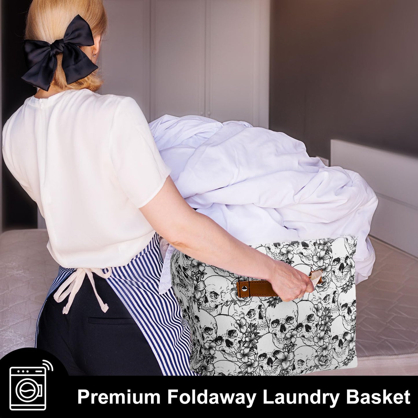 Whaline Halloween Storage Basket with Handles Skull Floral Cube Storage Bin Foldable Fabric Container Organizer Box for Home Office Dorm Closet Shelf Toy