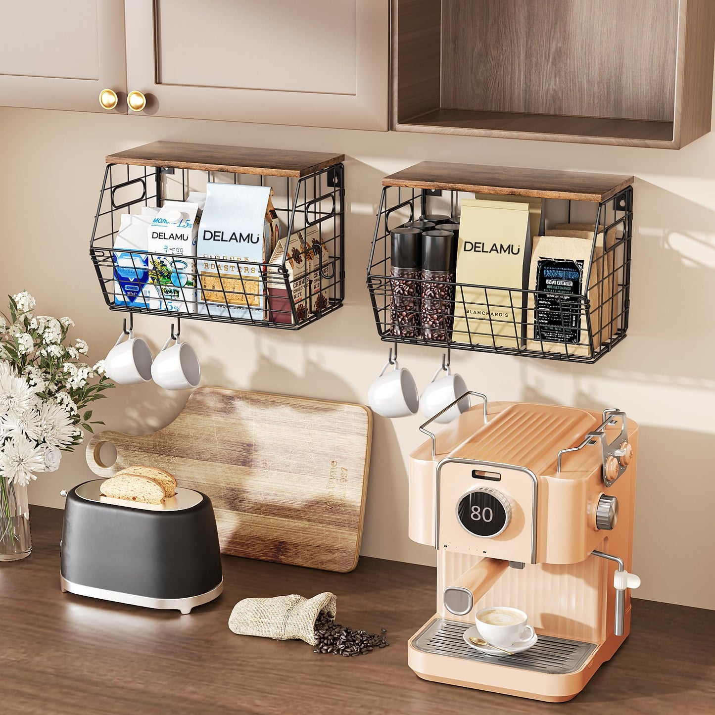 Delamu Stackable Metal Fruit Basket with Wood Lid 2 Pack, Hanging Wall Organizer for Kitchen Counter, Pantry Storage for Onions, Potatoes, Garlic, Fruits, Spices, Black