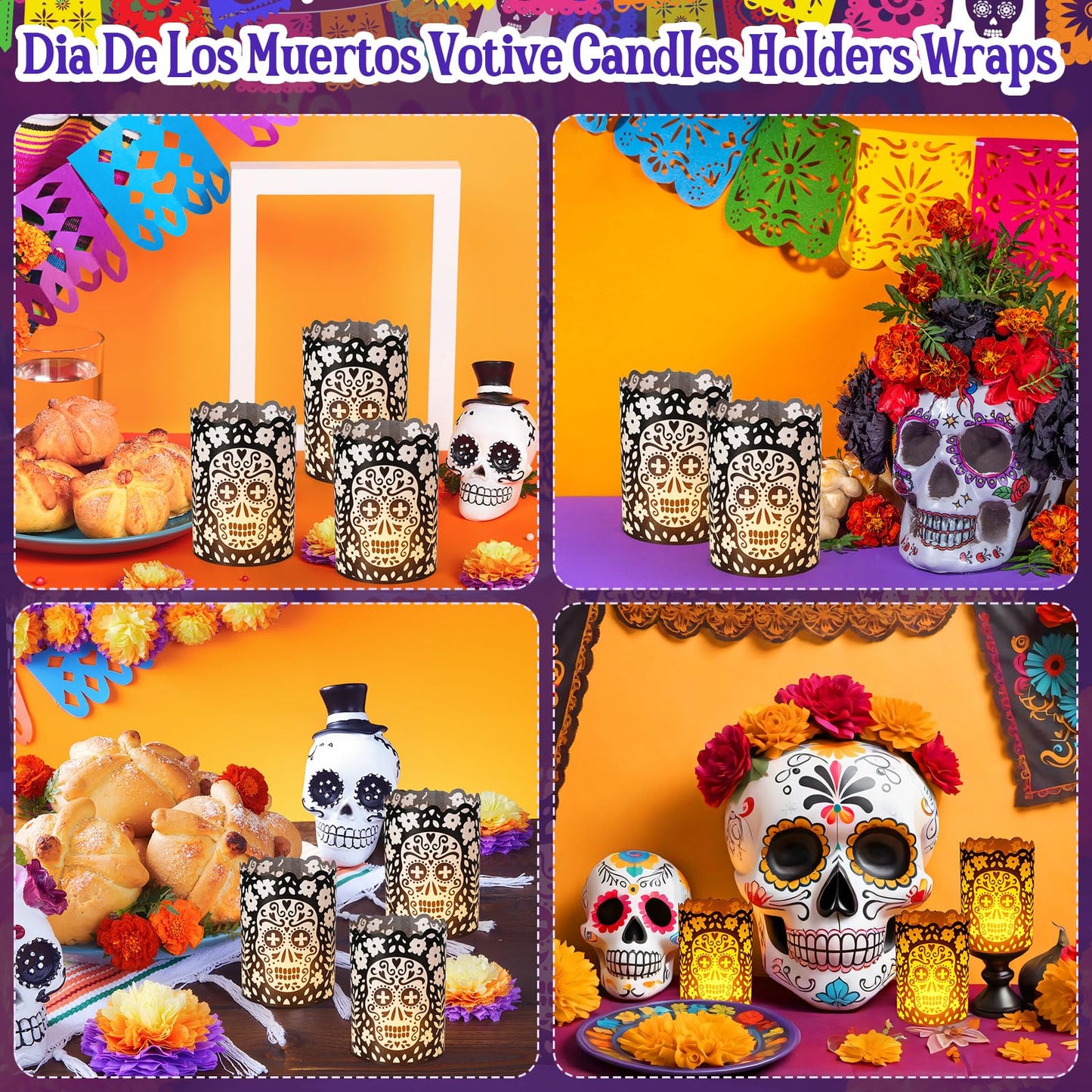 Tuanse 24 Pcs Dia De Los Muertos Decorations Luminary Paper Day of The Dead Votive Candles Holders Altar Paper Lampshade for Halloween Dia De Los Muertos Party Decor Supplies(Black)