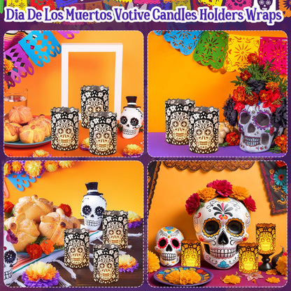 Tuanse 24 Pcs Dia De Los Muertos Decorations Luminary Paper Day of The Dead Votive Candles Holders Altar Paper Lampshade for Halloween Dia De Los Muertos Party Decor Supplies(Black)