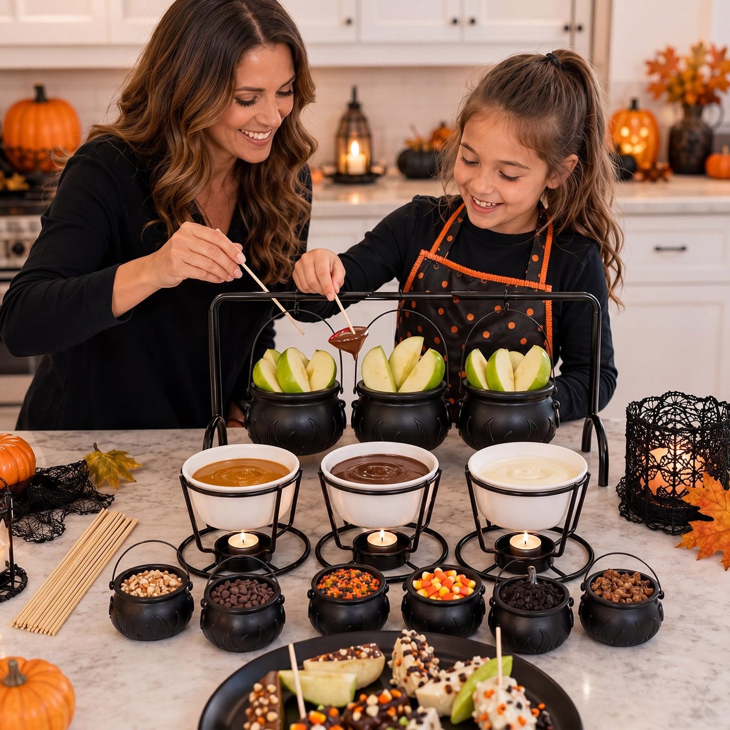 SiliFine 15pcs Halloween Party Decorations DIY Caramel Apple Dipping Bar Set 3 Witches Cauldron Serving Bowls on Rack, Ceramic Cups, Black Cauldrons, Bamboo Picks Witchy Table Decor for Holiday