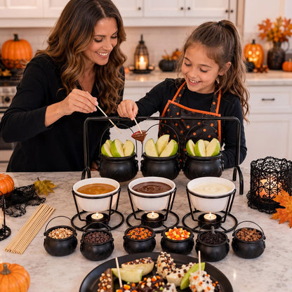SiliFine 15pcs Halloween Party Decorations DIY Caramel Apple Dipping Bar Set 3 Witches Cauldron Serving Bowls on Rack, Ceramic Cups, Black Cauldrons, Bamboo Picks Witchy Table Decor for Holiday