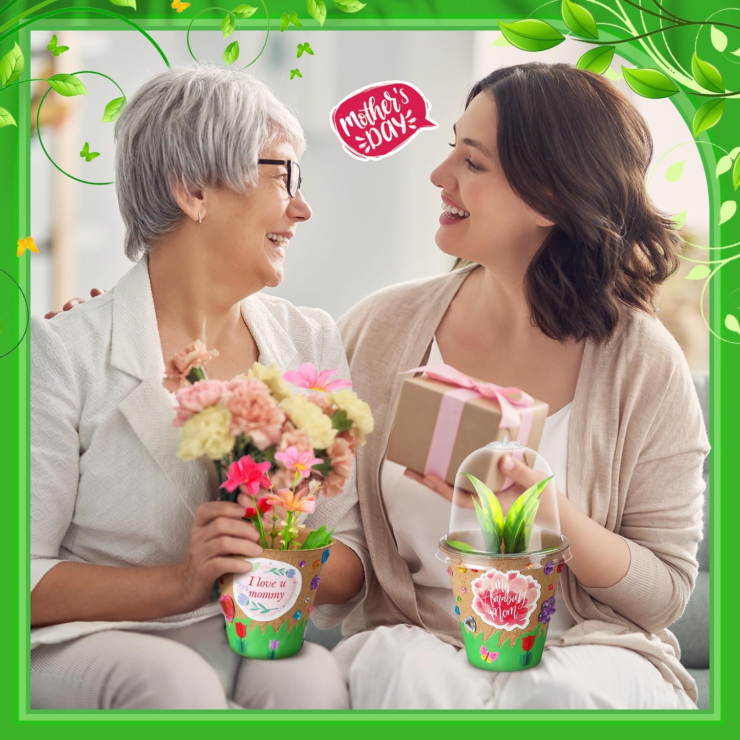 Motipuns 30 Pack Mother's Day Garden Paper Pot Craft Kit Include Plant Flower Peat Pots with Domes 4 Sheet Rhinestones Jewels Stickers and Adhesive Spring Stickers Set for DIY Craft Gifts
