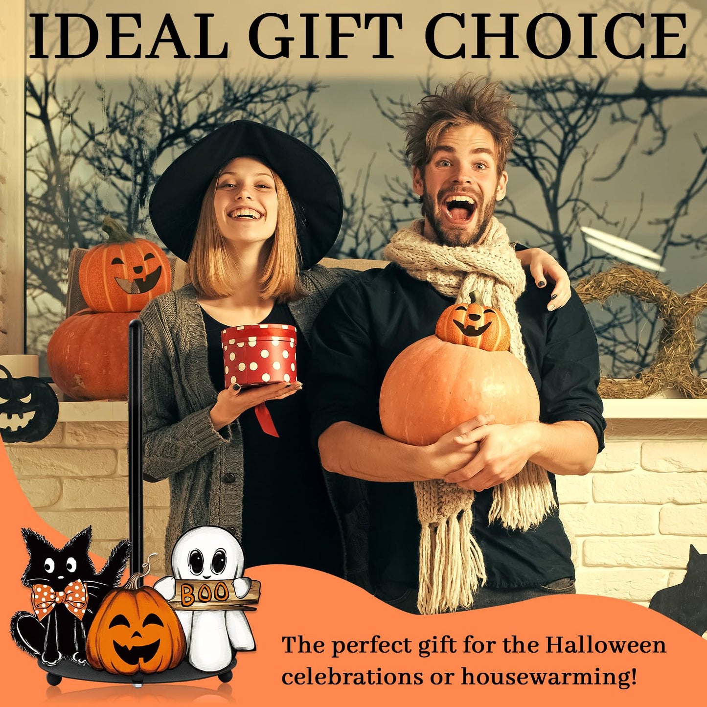Whaline Halloween Paper Towel Holder Pumpkin Ghost Boo Cat Metal Towel Stand Trick or Treat Decoration Accessory for Holiday Party Home Kitchen Countertop