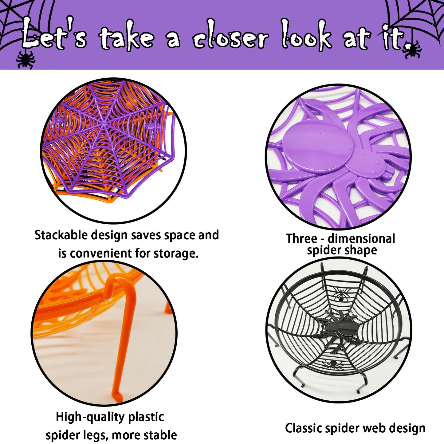 6 Pcs 11Inch Halloween Candy Bowl Set, Spider Web Design, 3 with legs & 3 without, Black/Orange/Purple—Haunted House Table Decor, Trick-or-Treat, Party Supplies, Eye-catching even without candies
