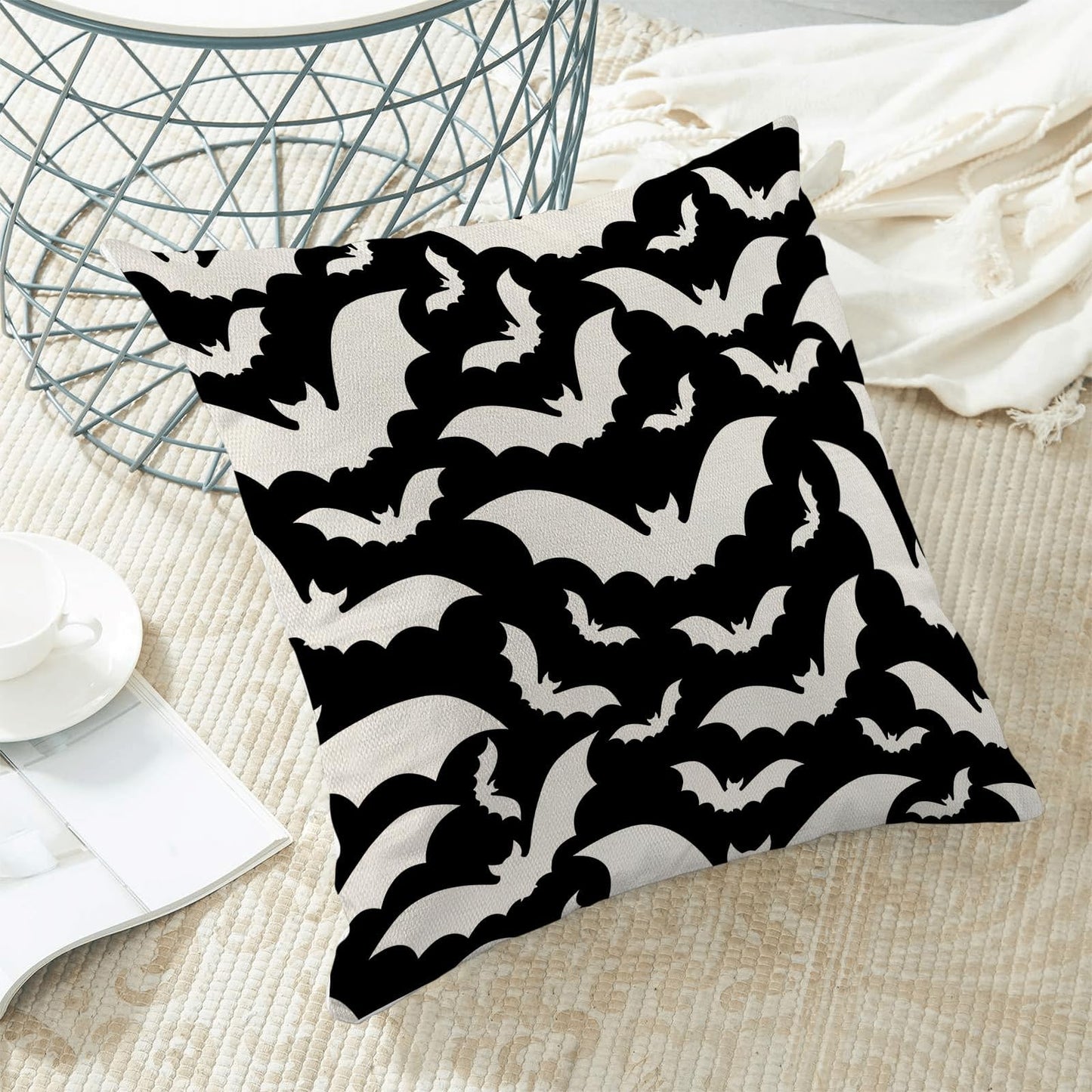 Halloween Pillow Covers 16x16 Inch Set of 2,Black and Cream Bats Throw Pillows Case,Halloween Outdoor Decorative Linen Farmhouse Decor Cushion Covers for Home Sofa Bed Couch
