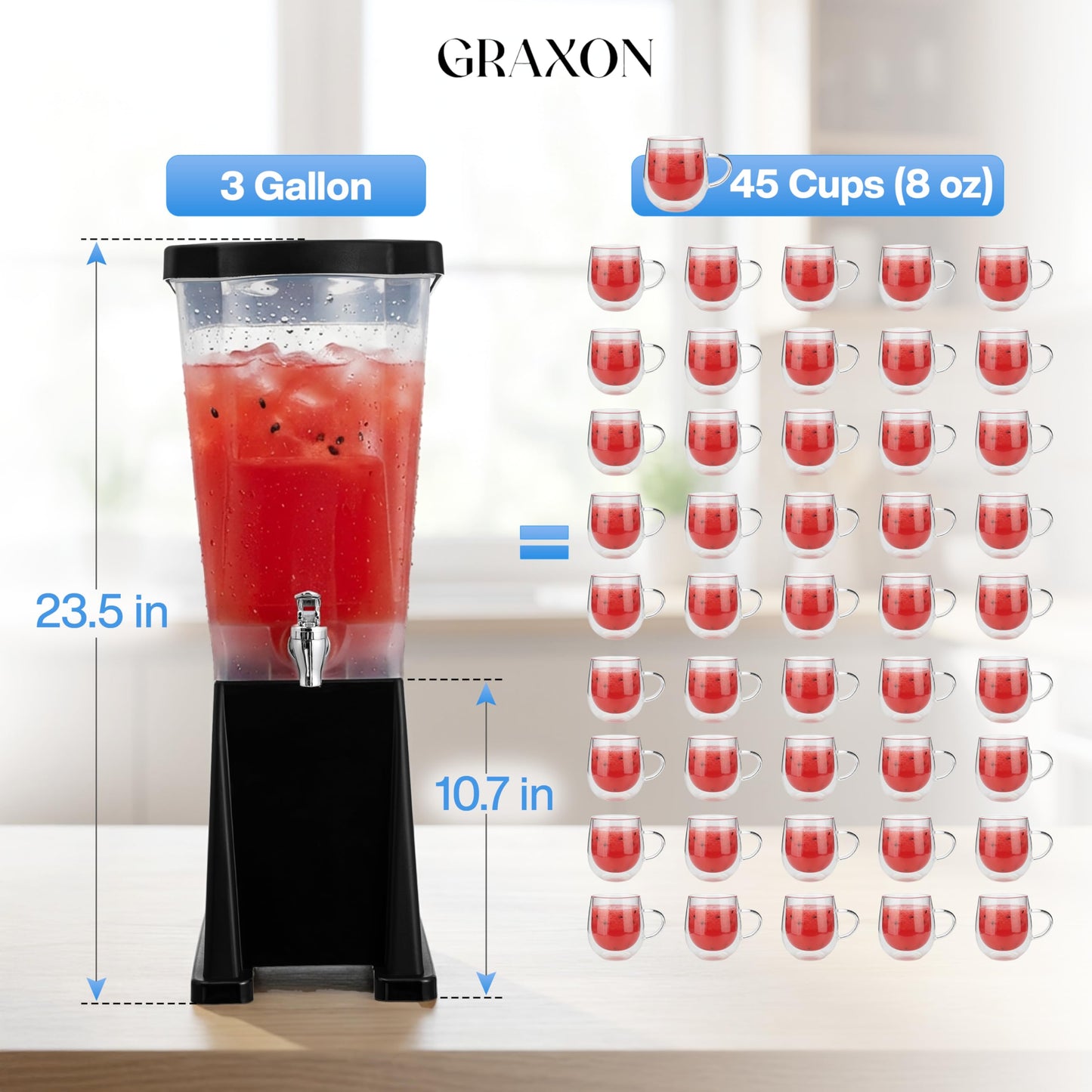 Large Drink Dispenser for Parties (3 Gallon) Slim Plastic Beverage Dispenser with Base for Counter Tops, No Mess, Easy to Assemble & Wash (1 Pack)