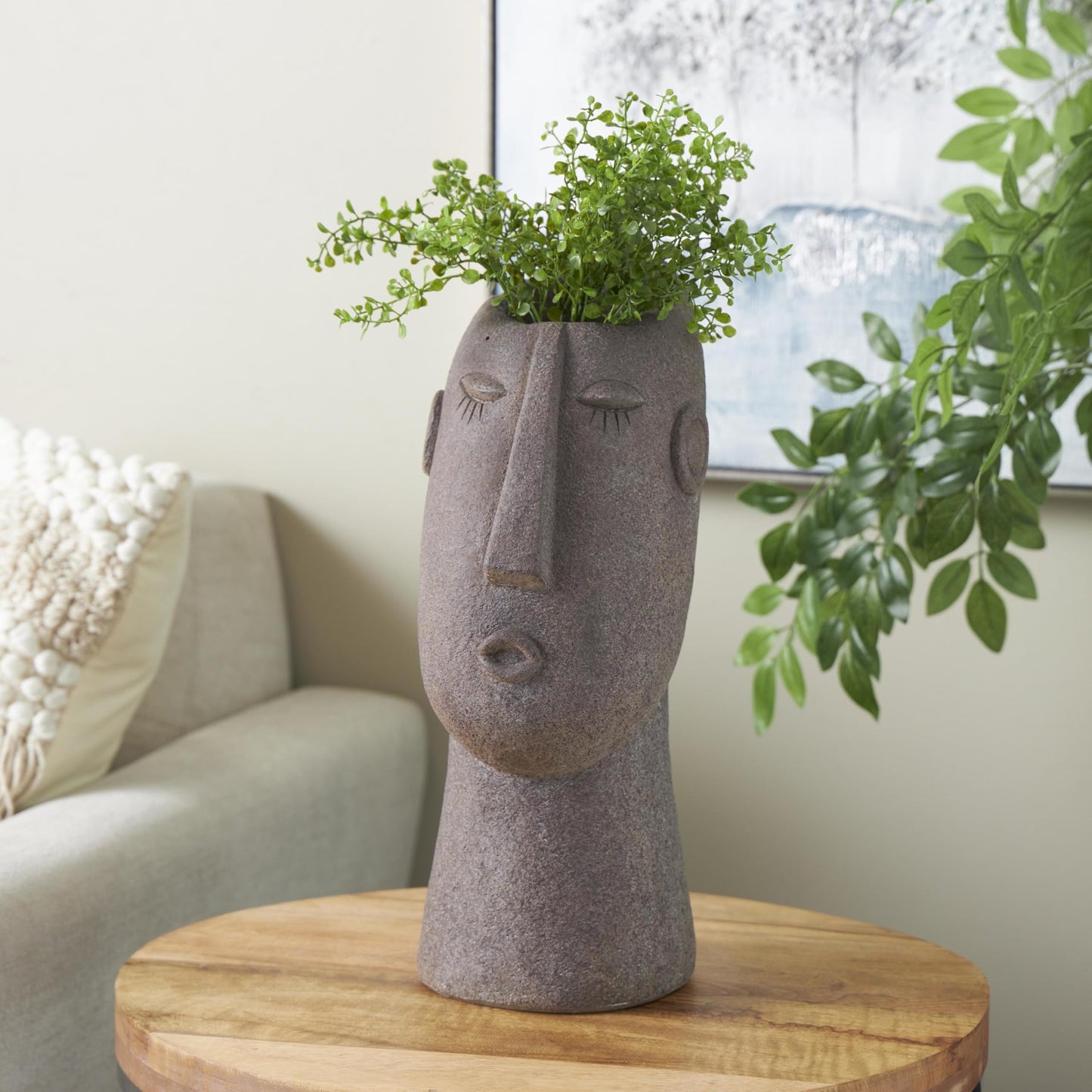 Deco 79 Magnesium Oxide Woman Indoor Outdoor Planter Textured Easter Island Head Large Brown Round Planter Pot, 6" x 9" x 17"