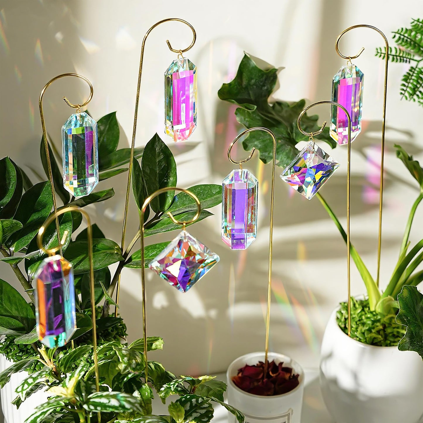 Kanpura 7 Pieces Crystal Prisms Suncatchers with 13.7 ’’ Small Trellis for Mini Potted Plants Garden Accessories Indoor Fairy Plant Suncatchers Gift for Plant Lovers (AB)