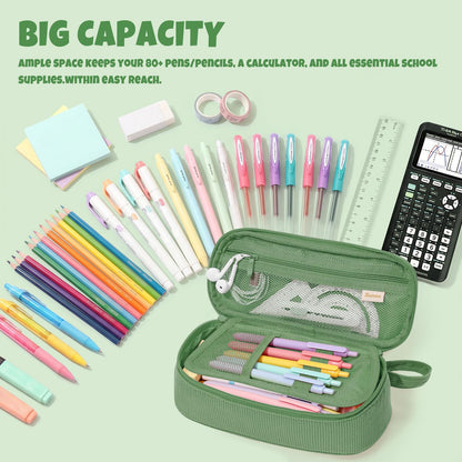 SUNEE Cute Pencil Case, Large Capacity Pencil Pouch, Soft Corduroy Pencil Bag, Big Storage Pen Organizer for Stationery, Aesthetic Zipper Pencil Box, Back to School Supplies for Teen Girls Boys, Green