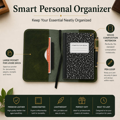 TheAntiq Leather Journal Cover XL – Handmade Refillable Notebook Holder with Pen Loop, Writing Organizer for Office, Travel & Professional Use 7.5 x 9.8- Green