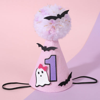 Agkvw Halloween Pink Ghost 1st Birthday Hat with Bats - Spooky One Birthday Crown, Cute Halloween 1st Bday Decoration for Girls, My FirstHalloween Bday Decor
