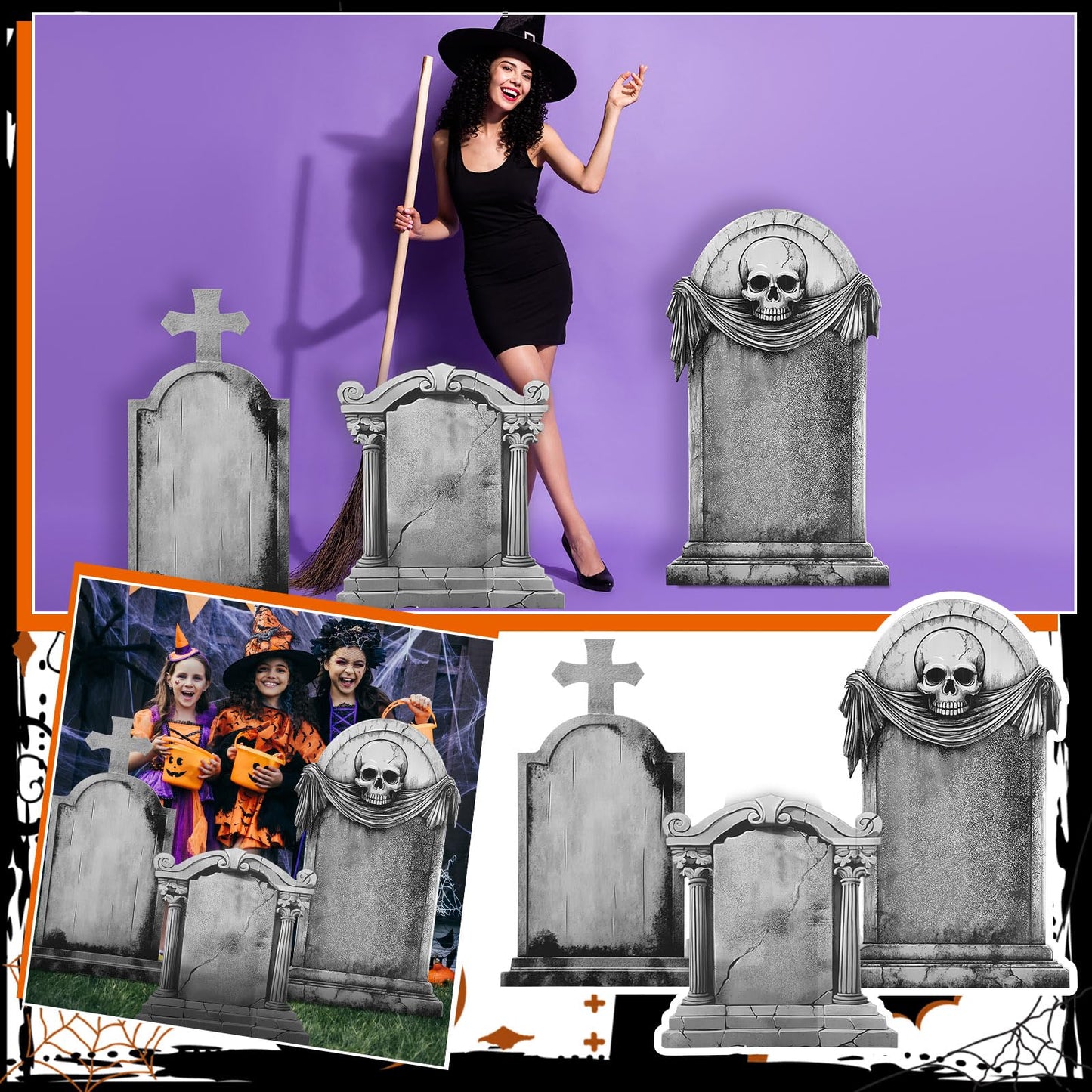 Leinuosen 3 Pcs 28"-48" Halloween Party Spooky Scenes Decoration Tombstone Cardboard Cutout Stand-up Spooky Tombstone Backdrop Photo Prop Standup Cutout for Halloween Party Yard Graveyard Decor Supply
