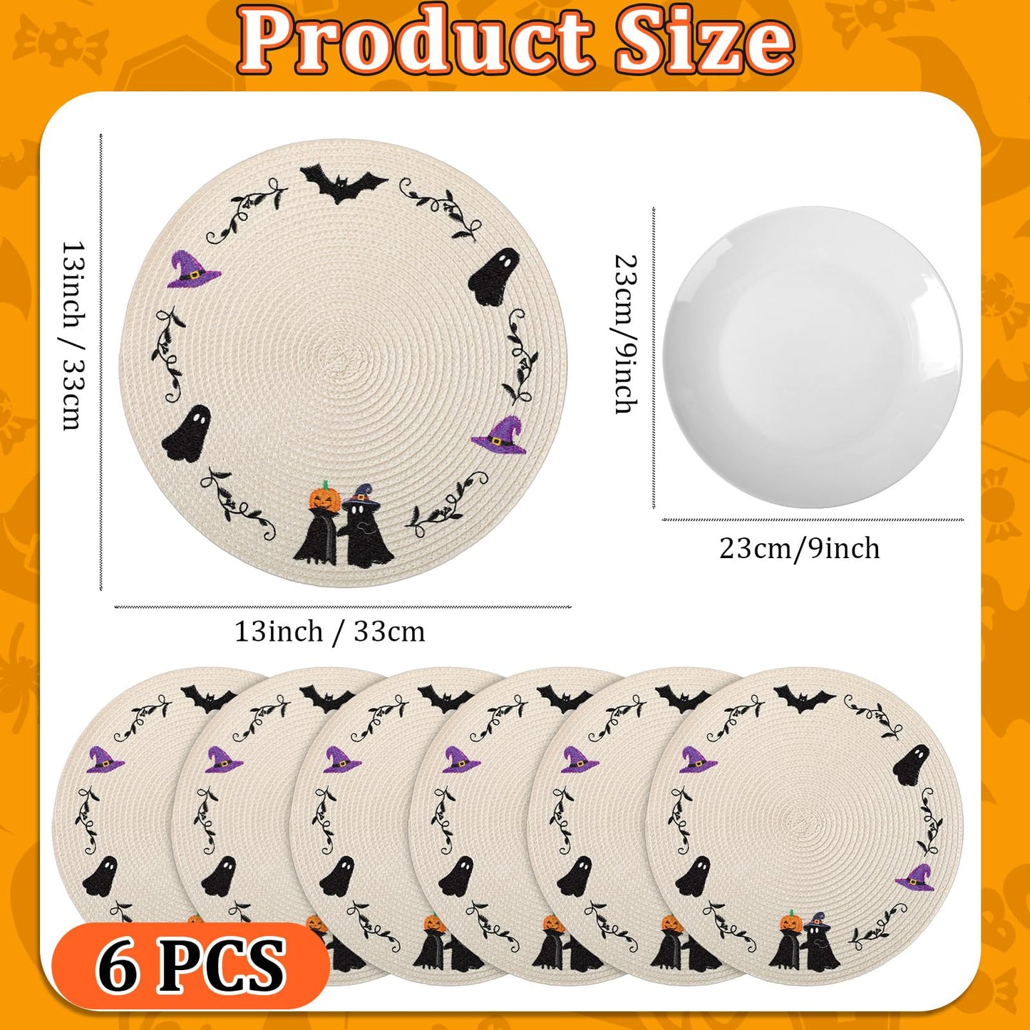 Remerry 6pcs Halloween Round Placemats Embroidered Pablemats Seasonal Autumn Holiday Table Mats Heat-Resistant for Halloween Party Home Kitchen Dining Restaurant Decoration Gift