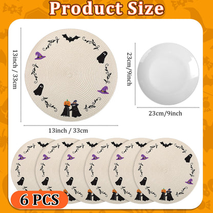 Remerry 6pcs Halloween Round Placemats Embroidered Pablemats Seasonal Autumn Holiday Table Mats Heat-Resistant for Halloween Party Home Kitchen Dining Restaurant Decoration Gift