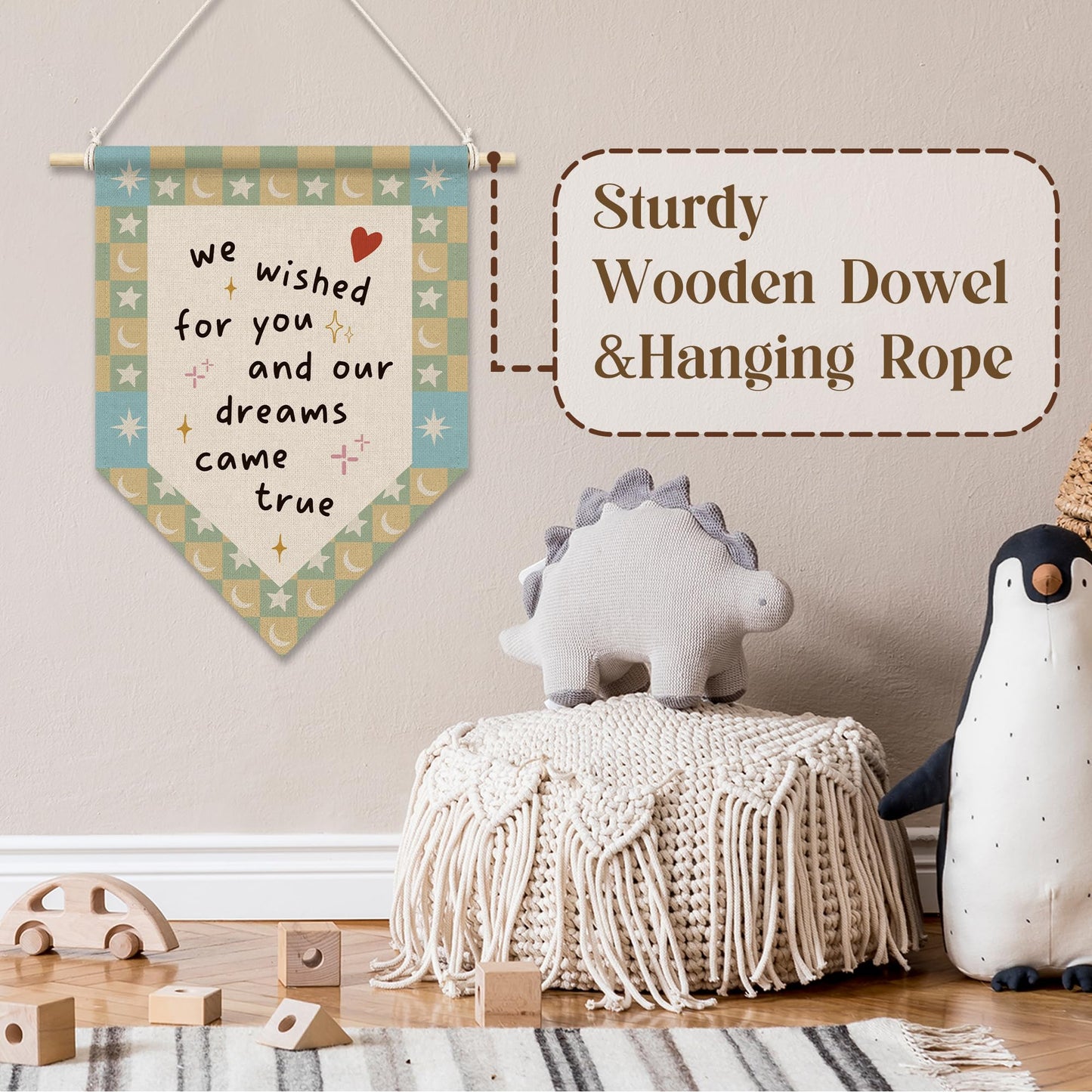 RUKUPA Kids Room Wall Art Decor, Retro Nursery Hanging Pennant Flag, We Wished for You and Our Dreams Came Retro Checkered True Wall Art Poster Hanger for Kids Nursery Room Bedroom Decor, 11x15 Inch