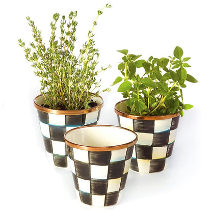 MACKENZIE-CHILDS Enamel Herb Pots, Small Plant Pots for Herbs or Flowers, Set of 3, Black-and-White Courtly Check