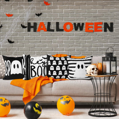 Beeveer 4 Pcs Halloween Throw Pillow Covers Set 18x18 Inch White Crochet Cute Ghost Pillow Case Embroidered Cushion Covers for Halloween Horror Farmhouse Couch Sofa Room Decor