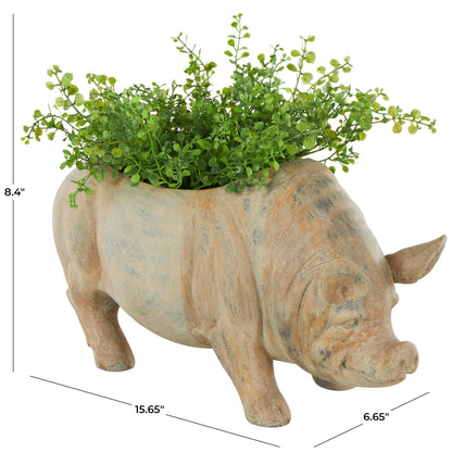 Deco 79 Resin Pig Indoor Outdoor Planter Small Planter Pot with Distressed Details, Planter 16" x 7" x 8", Beige