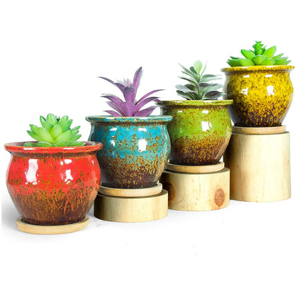 ARTKETTY Succulent Pots - 4 Pack Small Plant Pots with Drainage Tray, 4.5 Inch Ceramic Pots for Indoor Succulent Plants Colorful Cactus Flower Planters Birthday Gifts for Women