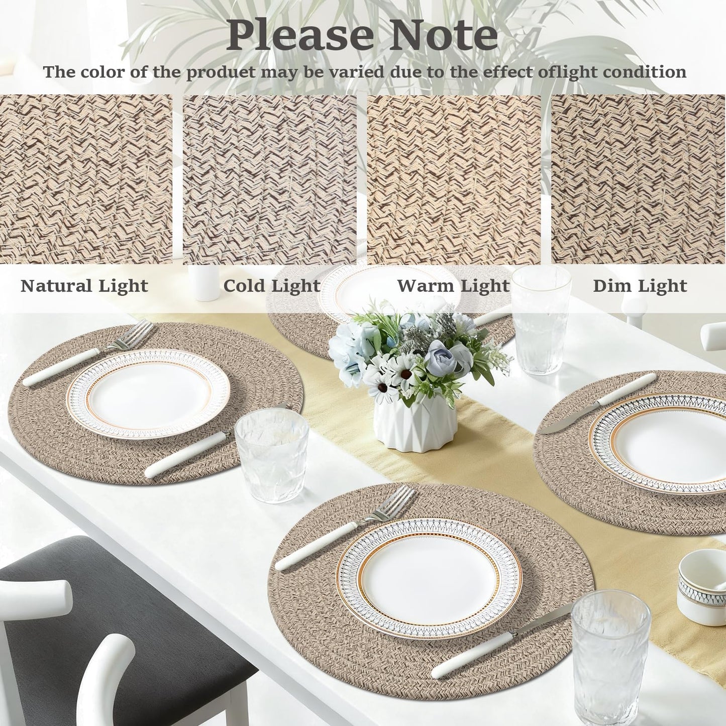 Round Placemats Set of 6, Cotton Rope Woven Table Mats, Hot Pads for Kitchen, Non Slip Heat Resistant Place Mats, 13 Inches Braided Placemat for Farmhouse Decor and Kitchen Table Decor (Brown)