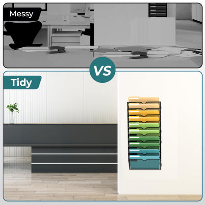 SUPEASY 10 Tier Wall File Organizer, Hanging Wall Mounted Mail Organizer with Label Slots, Metal Mesh File Holder Magazine Rack for Office, Home, School or Classroom, Black