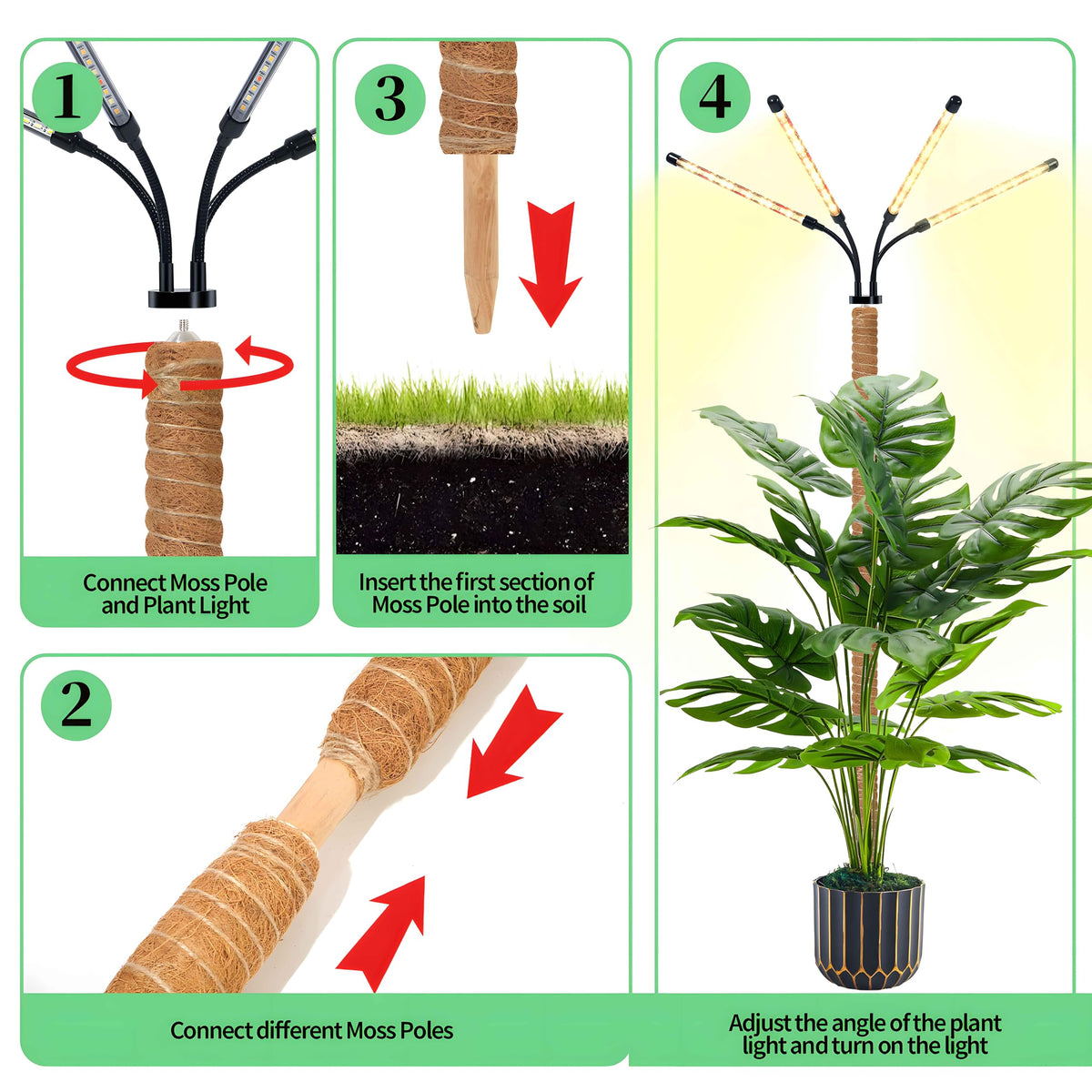 Grow Lights with Moss Pole for Indoor Plants, Full Spectrum LED Plant Light with Auto 3/9/12H Timer, Adjustable Height 15-54", Plant Lights Coco Coir Pole for Monstera, Philodendron, Climbing Plants