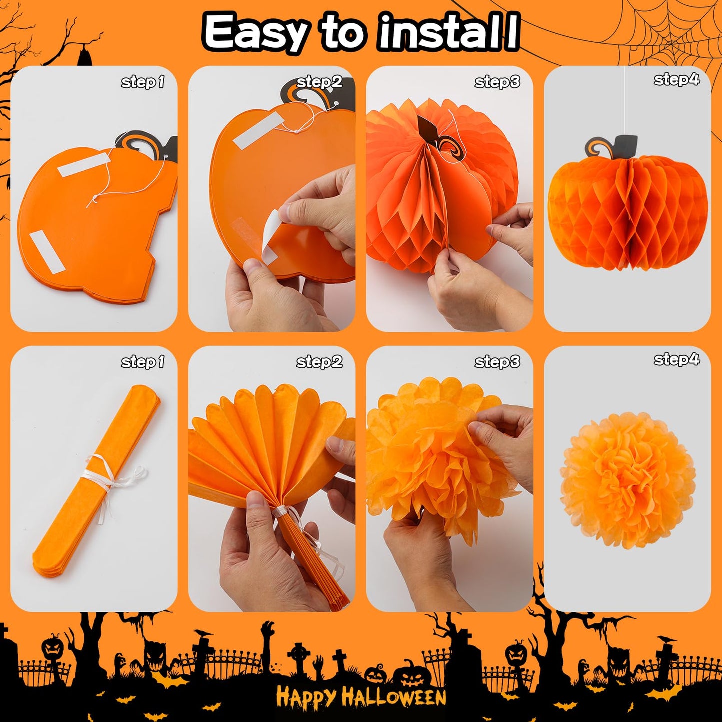 VinTS Happy Halloween Party Decoration,Black Orange Halloween Banner with Hanging Swirls,Circle Confetti Dots,Honeycomb Ball,Tissue Paper PomPoms for Wall Window Indoor Decor