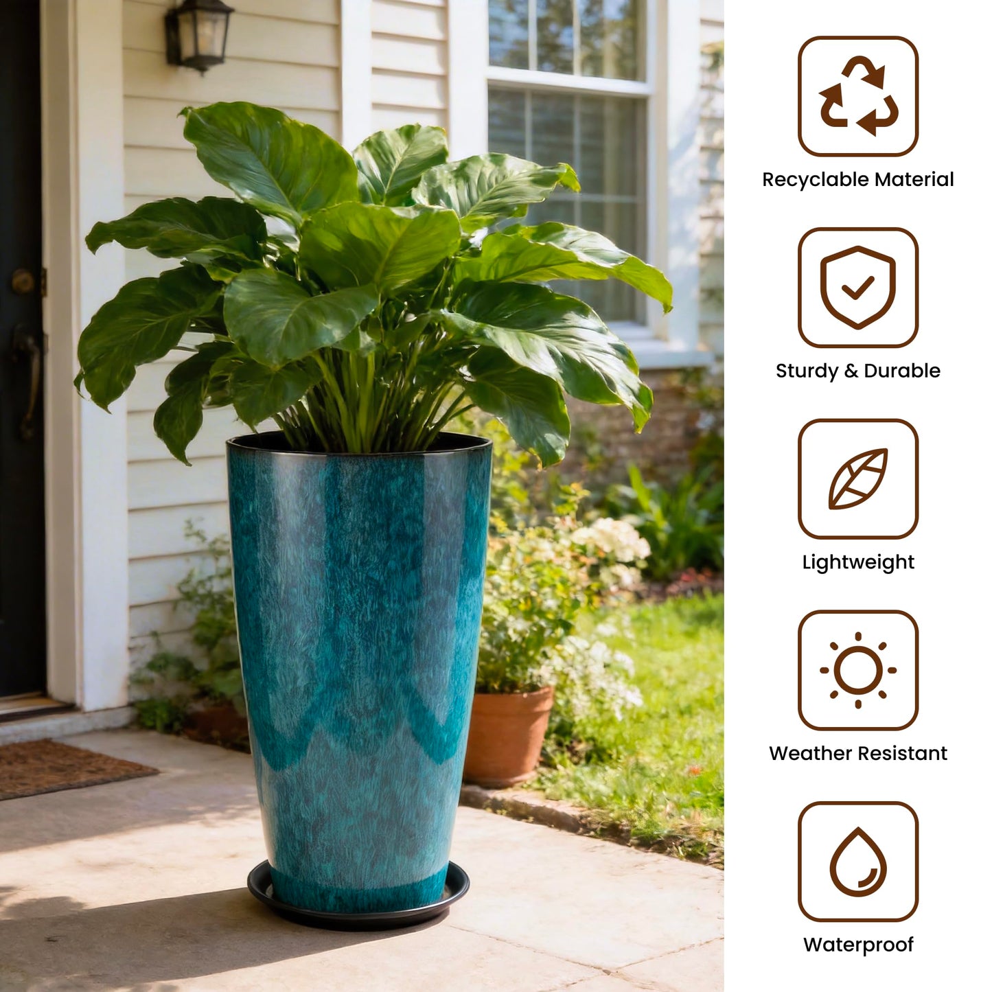 Lucieblessdesign 21 inch Tall Planter, Indoor Outdoor Planter Set of 2 Tall Outdoor Planters for Porch Large Planter Pot with Drainage Hole for Home Garden Front Door (Deep Blue)