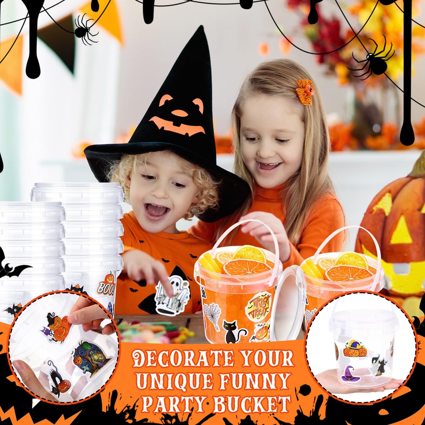 Sliner 20 Pcs 34 oz Halloween Candy Bucket Small Halloween Pail 100 Horror Stickers Halloween Cocktail Rum Buckets with Lid and Handle for Halloween Candy Drinks Food Container