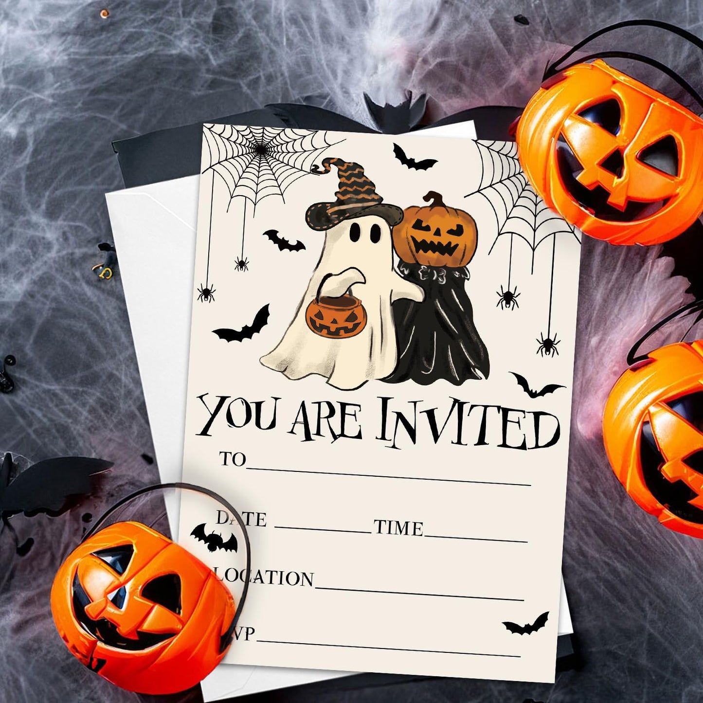 JarThenaAMCS 25 Sets Halloween Party Invitations with Envelopes Stickers Beige Black Pumpkin Ghost Bat Invites for Halloween Celebration, 5 x 7 Inch
