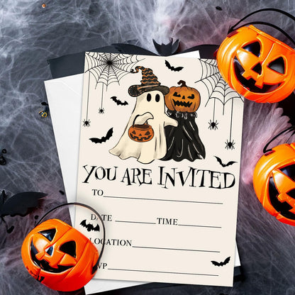 JarThenaAMCS 25 Sets Halloween Party Invitations with Envelopes Stickers Beige Black Pumpkin Ghost Bat Invites for Halloween Celebration, 5 x 7 Inch