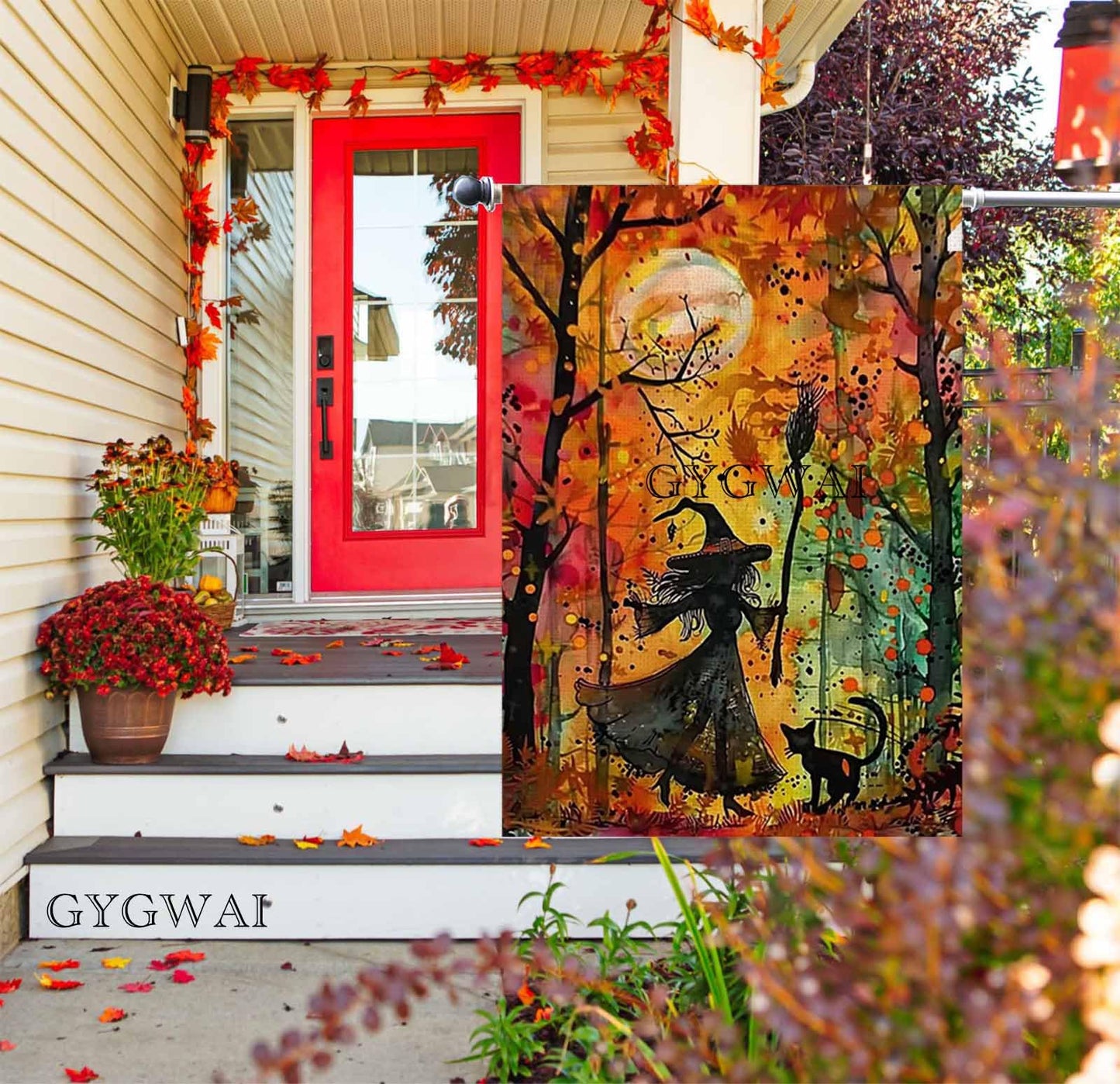 Halloween Witch Cat House Flag 28x40 Inch Double Sided Outside, Halloween Yard Flag for Fall Holiday Outdoor Decorations