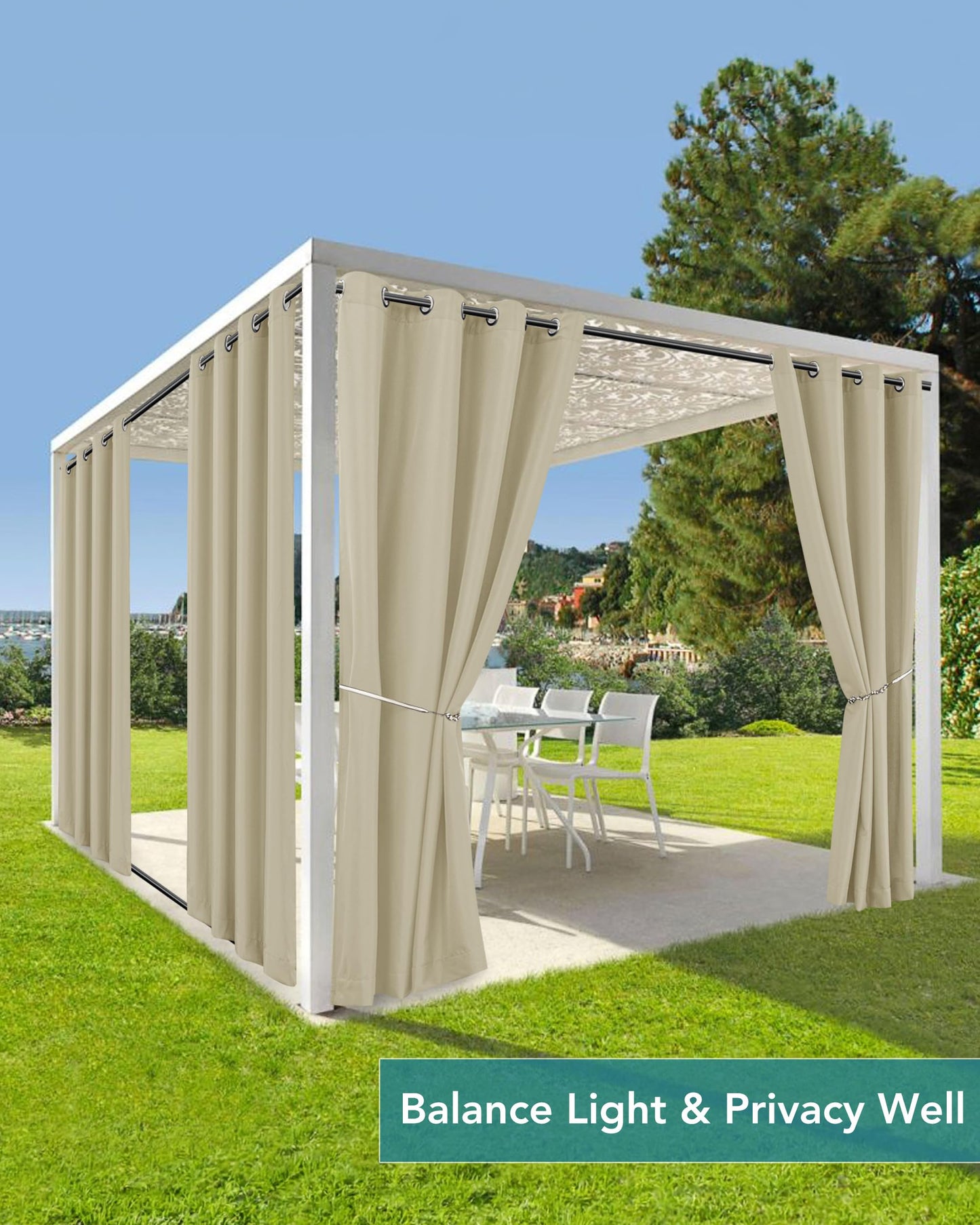 HolidayIdeas Outdoor Curtains for Patio Waterproof-4 Panels 54"x84"-Windproof Weatherproof Privacy Cream Outside Curtains-Grommet Top and Tab Bottom Drape for Gazebo, Porch, Pergola, Cabana, Backyard