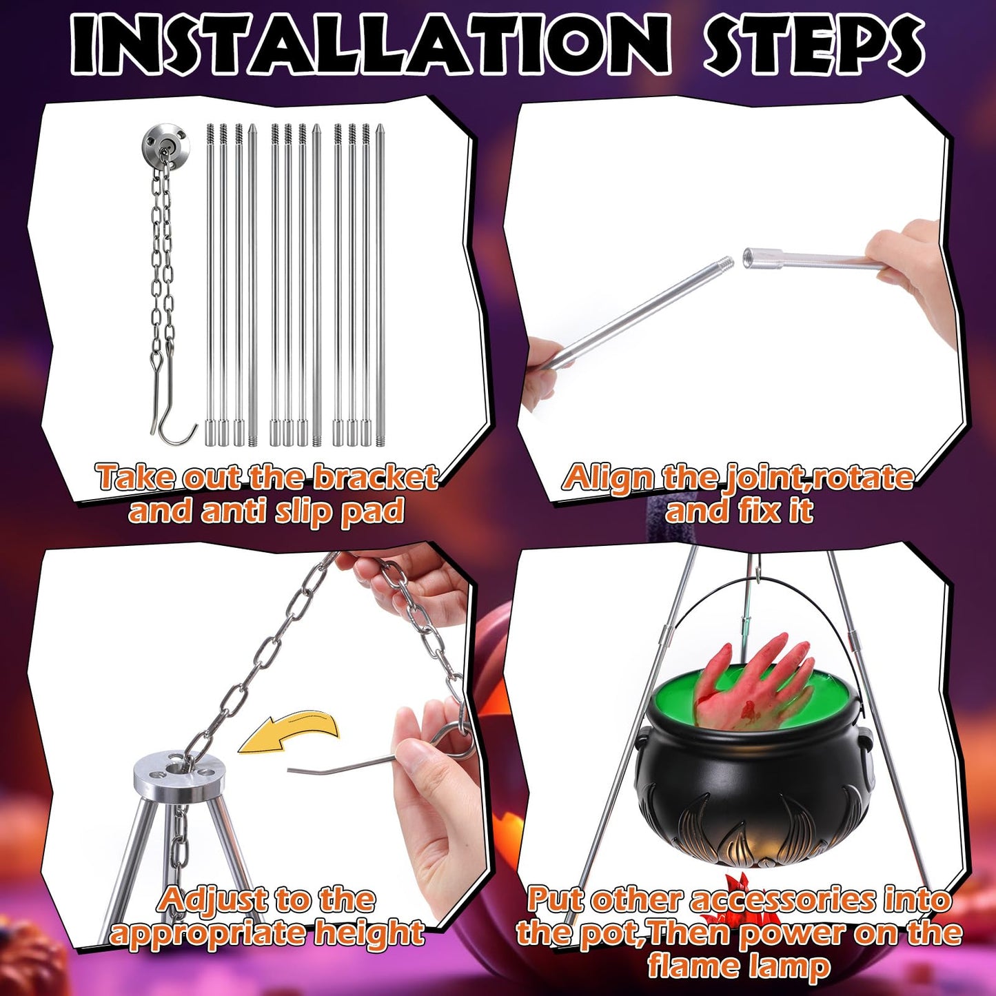 WinnerWhy 9 Pcs Large Witches Cauldron Halloween Decor Set Cauldron on Tripod with Spider Webs Fake Fire String Lights Fake Hand for Halloween Indoor and Outdoor Party Supplies