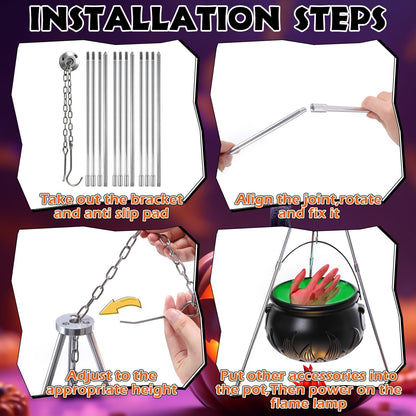 WinnerWhy 9 Pcs Large Witches Cauldron Halloween Decor Set Cauldron on Tripod with Spider Webs Fake Fire String Lights Fake Hand for Halloween Indoor and Outdoor Party Supplies