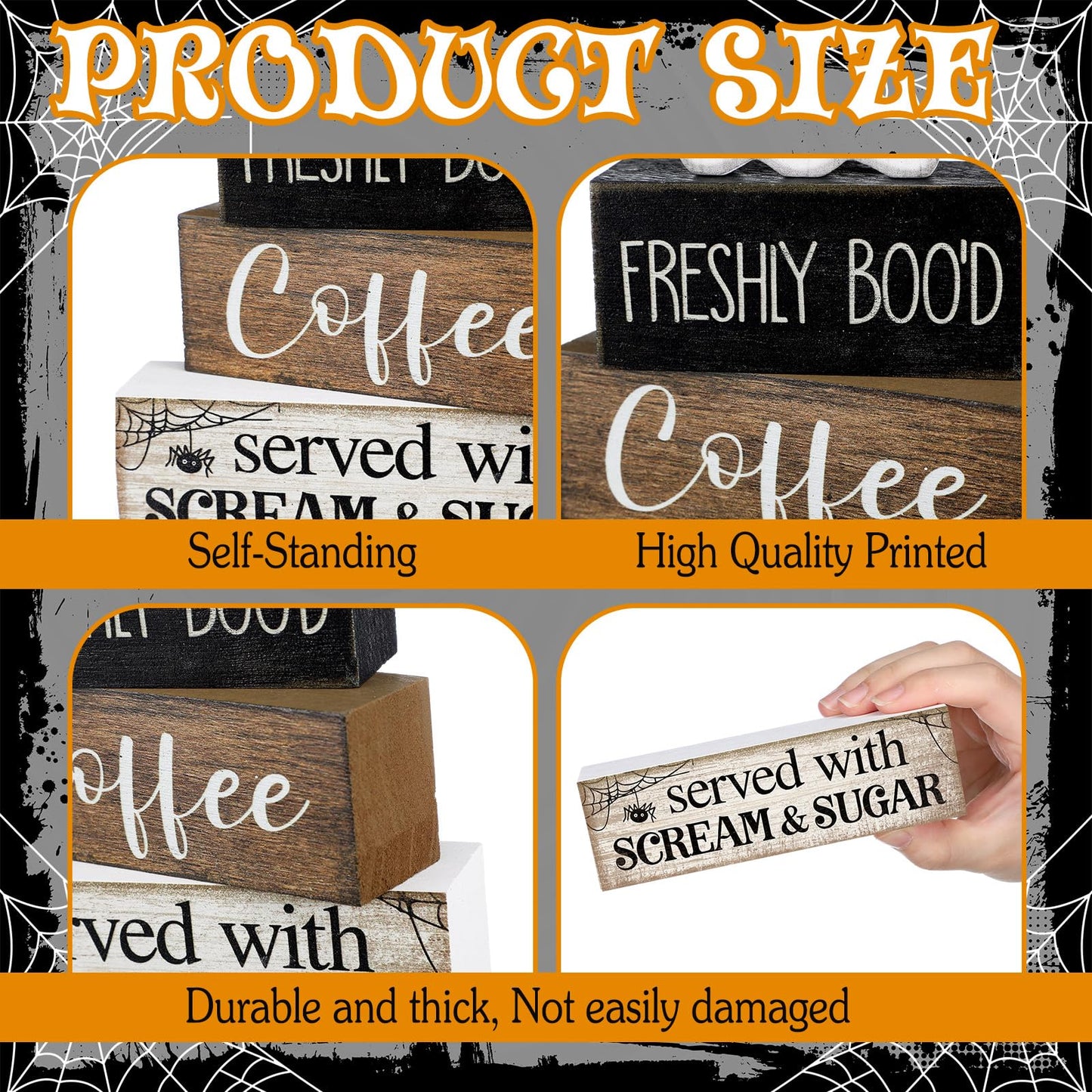 Lineshading 4 Pcs Halloween Table Decor Coffee Ghost Wooden Sign Halloween Tiered Tray Decor Farmhouse Ghost Tabletop Centerpiece Decorative Coffee Bar Block Signs for Home Office Kitchen Shelf