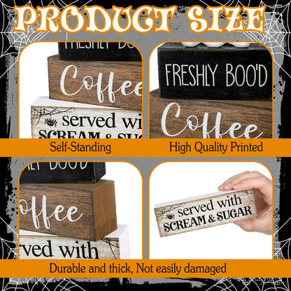 Lineshading 4 Pcs Halloween Table Decor Coffee Ghost Wooden Sign Halloween Tiered Tray Decor Farmhouse Ghost Tabletop Centerpiece Decorative Coffee Bar Block Signs for Home Office Kitchen Shelf