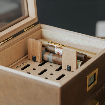 CASE ELEGANCE Belmont Glass Top Humidor Easy Humidification System, Thick Cedar, Accurate Digital Hygrometer, Leather Wrapped, Brown, Holds 30-60 Cigars