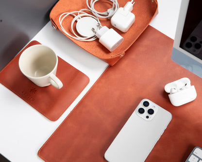 VENITO Leather 3-in-1 Desk Mat Set – Desk Mat (32"x16"), Organizer Tray & Cup Coaster – Full-Grain Leather Desk Pad for Office & Home – Elegant Workspace Accessories for Men & Women, Cinnamon