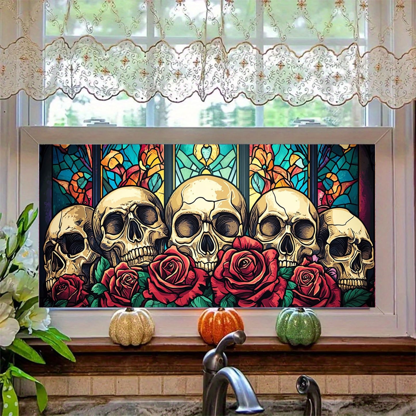 HOMETITUTE Skull Window Film 39.3x17.7 Inch Gothic Skull Window Sticker Halloween Skull Decoration Rose Windows Cling for Haunted House Day of The Dead Horror Windows Glass Cover