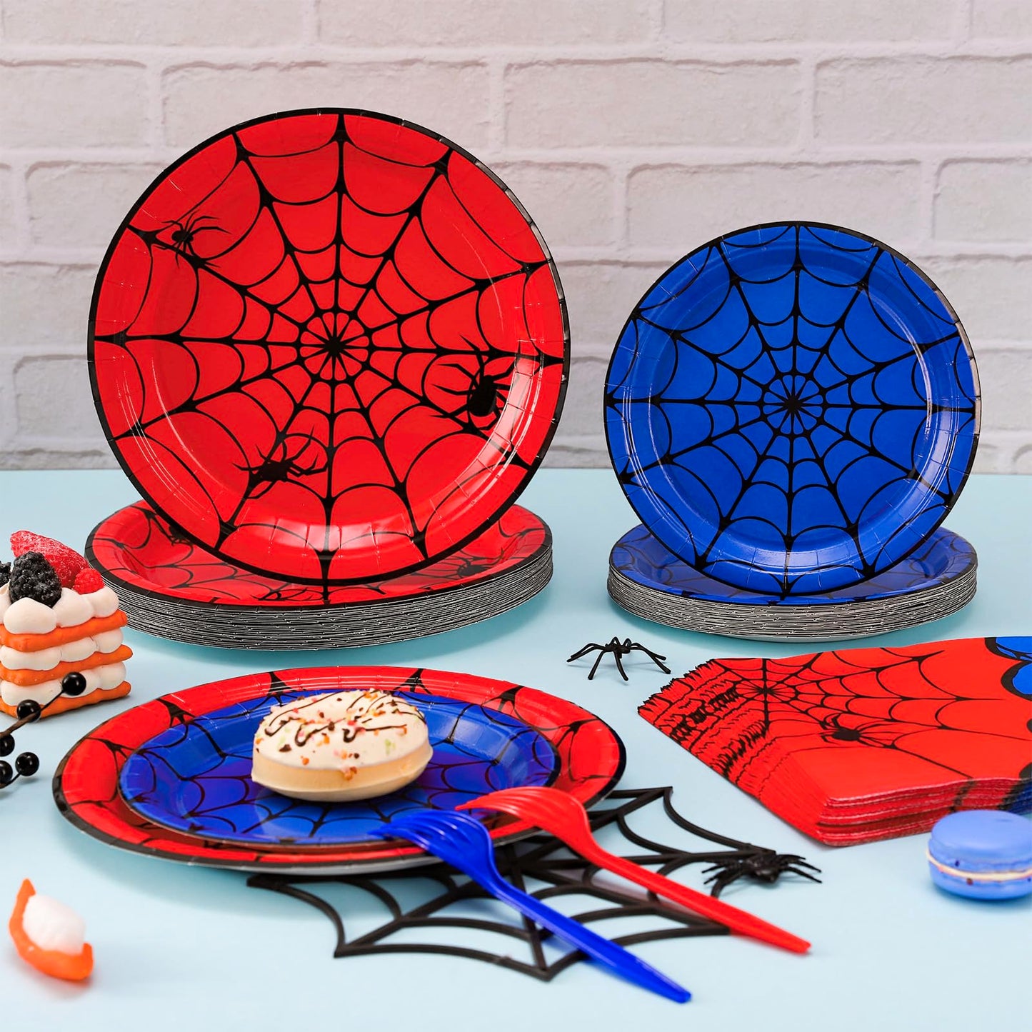 JarThenaAMCS 96 Pcs Spider Tableware Sets Serves 24 Guests Red Blue Spider Web Plates Napkins Forks Disposable Dinnerware for Halloween Birthday Party Favors