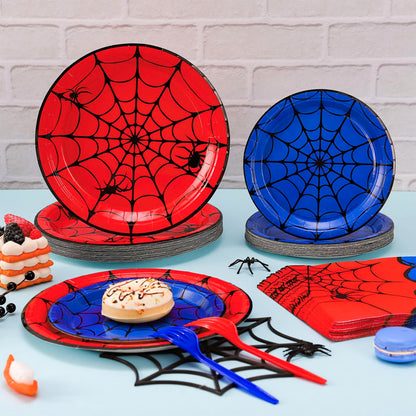 JarThenaAMCS 96 Pcs Spider Tableware Sets Serves 24 Guests Red Blue Spider Web Plates Napkins Forks Disposable Dinnerware for Halloween Birthday Party Favors