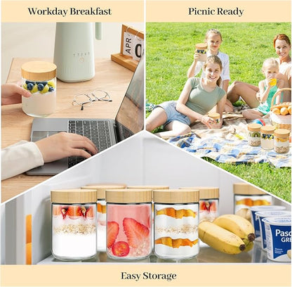 TBWIND 12 Pack 16oz Glass Jars with Bamboo Lids, Spoons, Airtight Overnight Oats Containers, Salad& Yogurt Storage, Mason Jars for Snacks, Spices, Meal Prep – Reusable