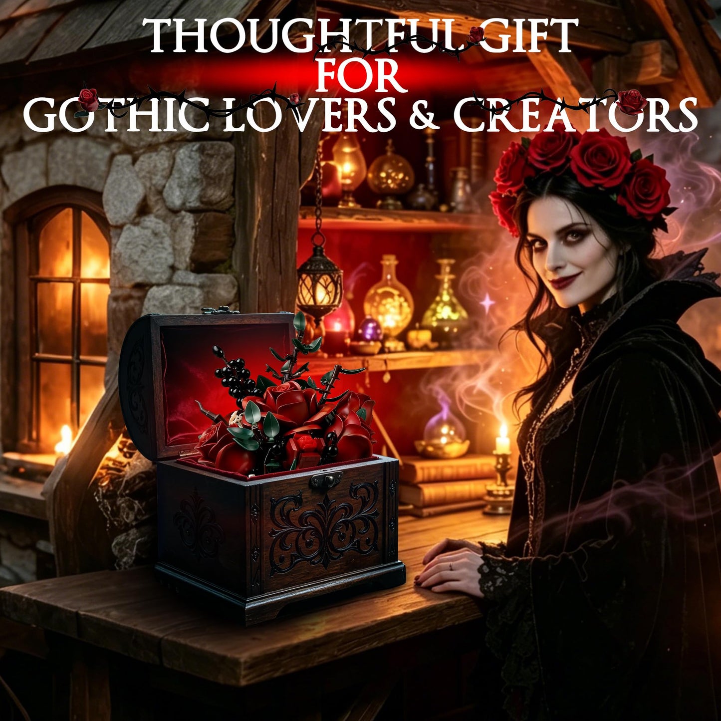 HUNKING Gothic Skull Roses Flower Bouquet Building Set, Botanical Skeleton Pot Collection Building Blocks for Adults, Horror Plants Flower Table Home Decor, Goth Gift for Valentine Mother's Day