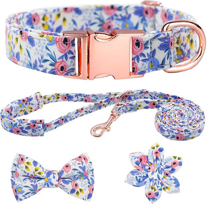 Dog Collar and Leash Set Girls Adjustable Puppy Collars with Floral Bow Tie for Small Medium Large Female Dogs, Blue Flower, S
