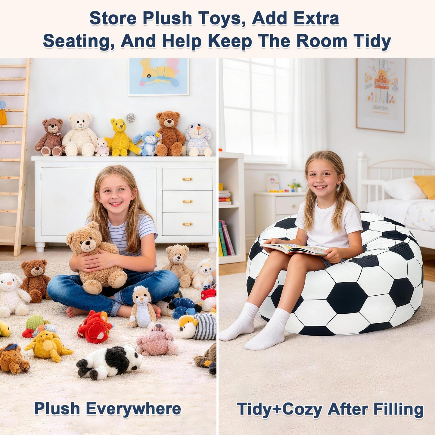Lukeight Soccer Stuffed Animals Storage Bean Bag Chair Cover for Kids, Cozy Velvet Plush Toy Organizer Seat, Cover Only, No Filling Included, Long YKK Zipper, Side Pocket, X-Large 30 x 18 in