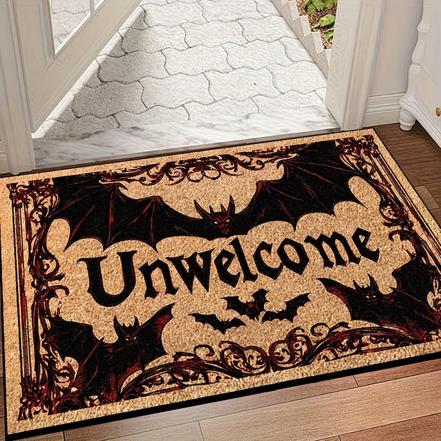 GRITOSE 19 * 31inch Halloween Door Mat Cashmere Unwelcome Design Door Mat with Bat Designs Doormats for Festival Party Front Spooky Decor Halloween Home Gothic Supplies