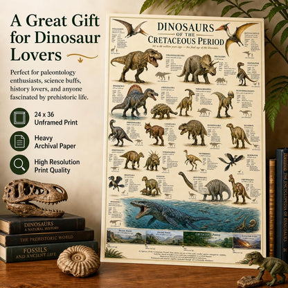 Dinosaurs of the Cretaceous Period Poster 24x36 Unframed Print Educational Dinosaur Chart Wall Art Prehistoric Animal Timeline Paleontology Classroom Decor Science Museum Artwork