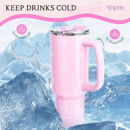 YOME 40 oz Bow Pink Tumbler with Handle and Flip Straw for Women | Stainless Steel Insulated Water Bottle | Keeps Drinks Cold | Dishwa